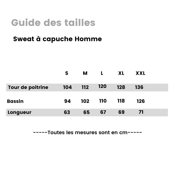 Guide des tailles des sweats à capuche fabriqués en France