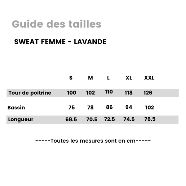 Guide des tailles pour votre sweat à capuche pour femme, fabriqué en France.