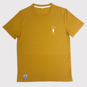Tee-shirt homme jaune moutarde avec sérigraphie glace en matières recyclées. Made in France