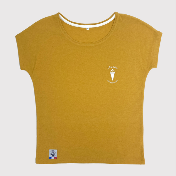 Tee-shirt femme jaune moutarde en tissus recyclés fabriqué en France. Made in France