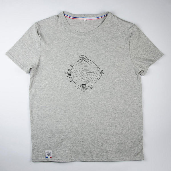 Vue de face du tshirt gris chiné pour la collaboration entre Woodlight et Youkan. Ce tshirt est entièrement fabriqué en France en matières recyclées